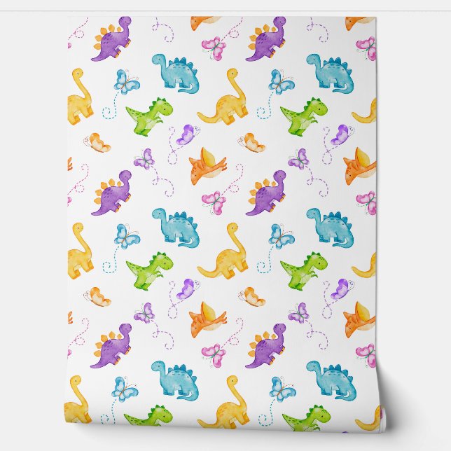 Waterverf Dinosaurus Dino Butterfly Baby Girl Behang (Afrollen)