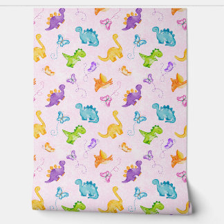 Waterverf Dinosaurus Dino Butterfly Pink Baby Girl Behang