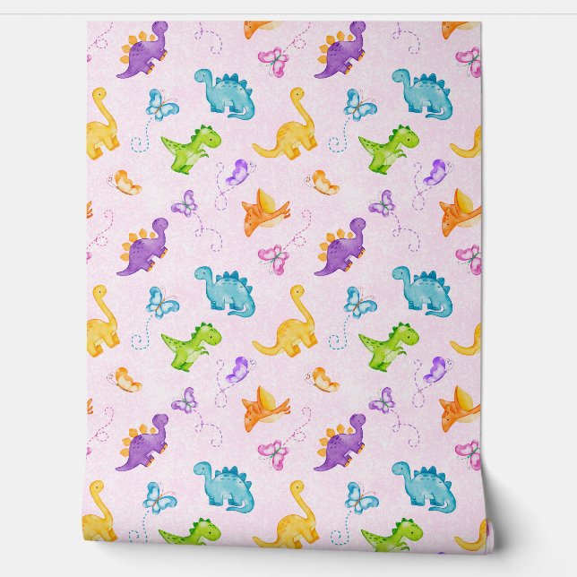 Waterverf Dinosaurus Dino Butterfly Pink Baby Girl Behang (Afrollen)