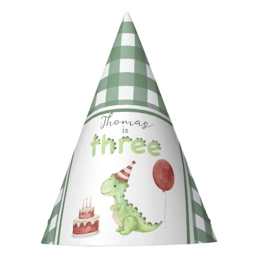 Waterverf Dinosaurus Drie Verjaardag Feesthoedjes (Voorkant)