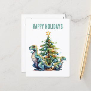 Waterverf dinosaurus kerstboom feestdagenkaart