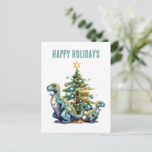 Waterverf dinosaurus kerstboom feestdagenkaart (Staand voorkant)