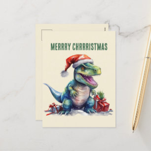 Waterverf dinosaurus kerstman feestdagenkaart