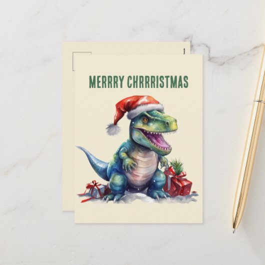 Waterverf dinosaurus kerstman feestdagenkaart (Voorkant / Achterkant in situ)