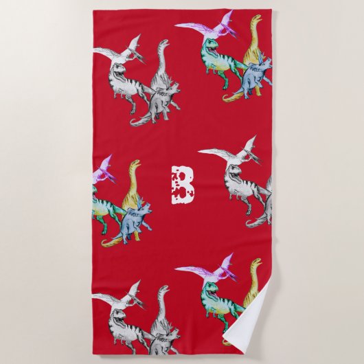 Waterverf Dinosaurus Kinderen Monogram Strandhandd Strandlaken (Voorkant)