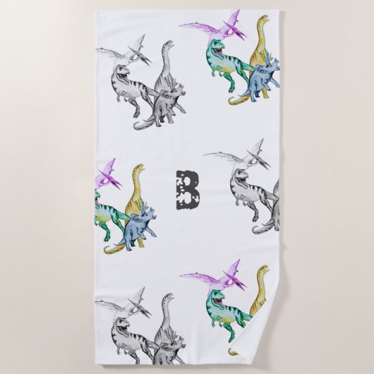 Waterverf Dinosaurus Kinderen Monogram Strandhandd Strandlaken (Voorkant)