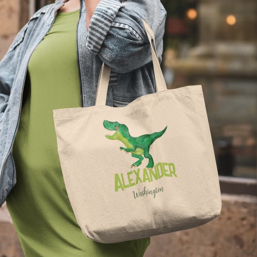 Waterverf Dinosaurus met Kinder naam Kinderopvang Grote Tote Bag