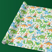 Waterverf Dinosaurus Patroon Groen, Sinaasappel, B Cadeaupapier