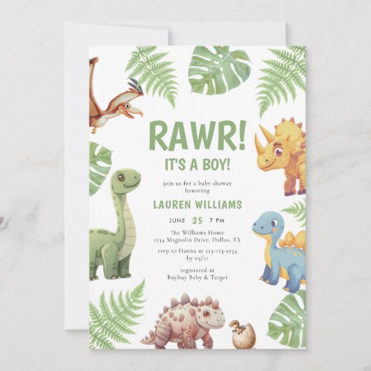 Waterverf dinosaurus rawr zijn een jongen Baby sho Kaart (Voorkant)