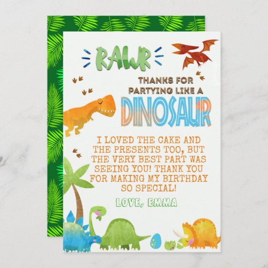 Waterverf Dinosaurus Verjaardag Dank u kaart (Voorkant / Achterkant)