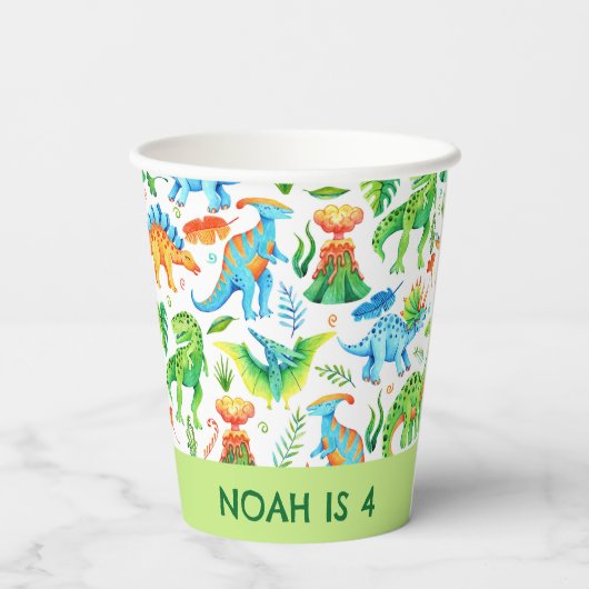 Waterverf dinosaurus Verjaardag T rex, Stegosaurus Papieren Bekers (Achterkant)