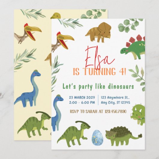 Waterverf Dinosaurus Verjaardag Uitnodiging Kaart (Voorkant / Achterkant)