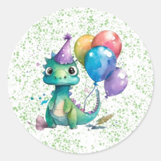 Waterverf Dinosaurusballonnen Jongensverjaardagsfe Ronde Sticker (Voorkant)
