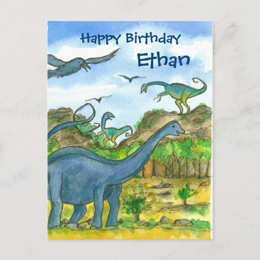 Waterverf Dinosaurussen Happy Birthday Custom Name Briefkaart (Voorkant)