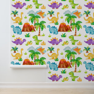 Waterverf Dinosaurussen Trex Volcano Palmbomen Kin Behang