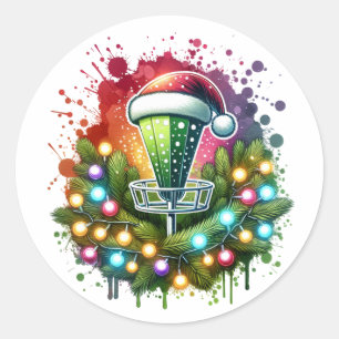 Waterverf Disc Golf thema Kerst Ronde Sticker