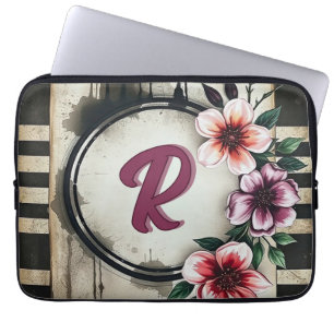 Waterverf Distressed Flowers Chic Messy Monogram Laptop Sleeve