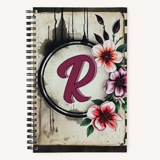 Waterverf Distressed Flowers Chic Messy Monogram Notitieboek (Voorkant)