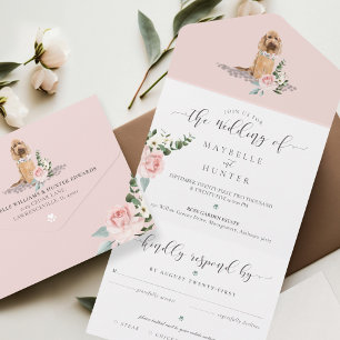 Waterverf Dog & Elegant Roze Roze Bloemen All In One Uitnodiging