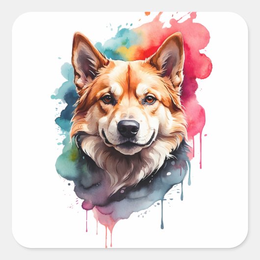 Waterverf Dog Splatter Art Portrait Ink Splash Vierkante Sticker (Voorkant)