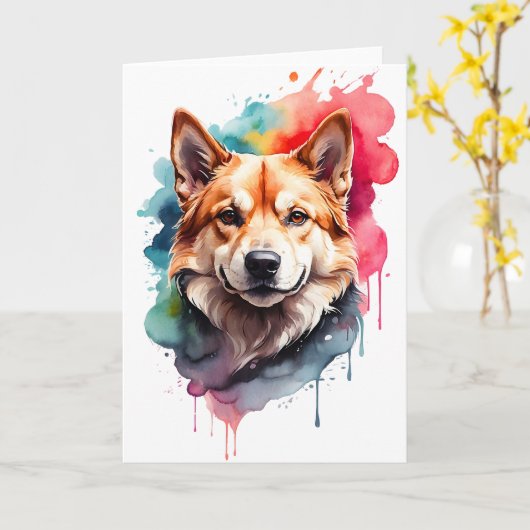 Waterverf Dog Splatter Art Portrait Splash Blank Kaart (Gele Bloem)
