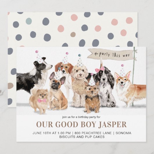 Waterverf Dog's Verjaardagsfeestje Kaart (Voorkant / Achterkant)