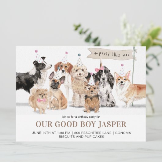 Waterverf Dog's Verjaardagsfeestje Kaart (Staand voorkant)