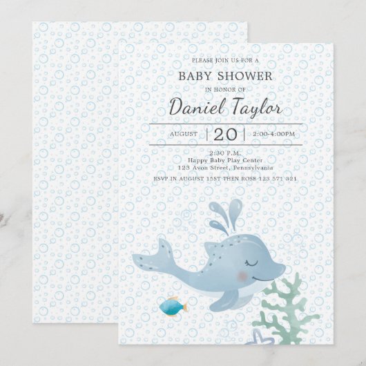 Waterverf dolfijn Baby Uitnodiging (Voorkant / Achterkant)