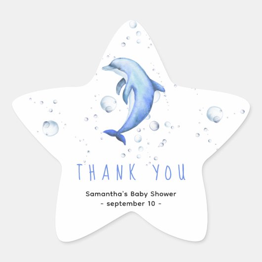 Waterverf dolfijn - bedankt babyshower ster sticker (Voorkant)