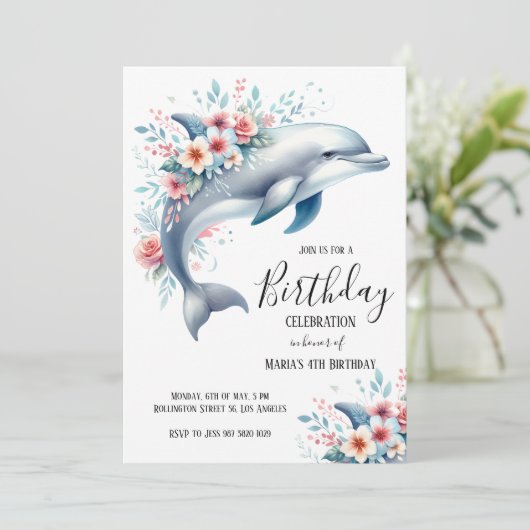 Waterverf Dolfijn Bloemen Verjaardagsfeest Kaart (Staand voorkant)