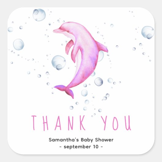 Waterverf dolfijn - dank u baby shower vierkante sticker (Voorkant)
