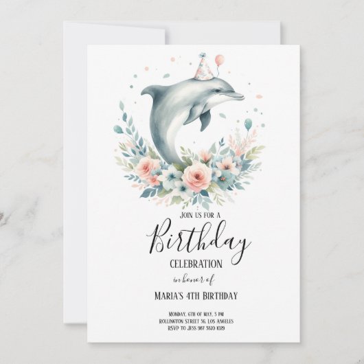 Waterverf Dolfijn met bloemetjes Verjaardagsfeest Kaart (Voorkant)