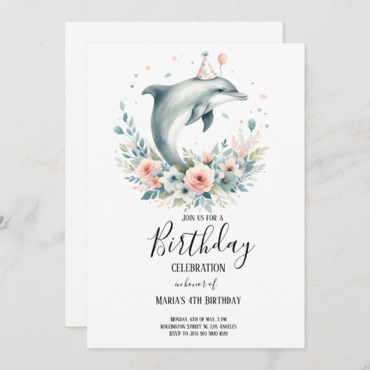 Waterverf Dolfijn met bloemetjes Verjaardagsfeest Kaart (Voorkant / Achterkant)