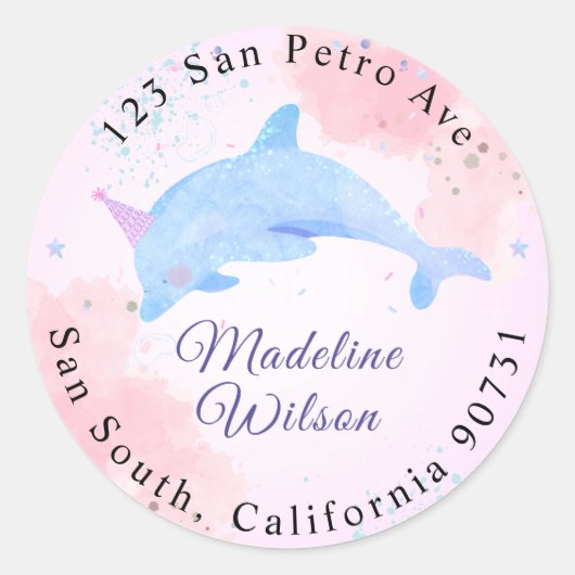 Waterverf dolfijn onder het Zee retour adres Ronde Sticker (Voorkant)
