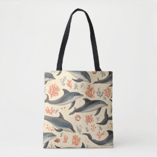 Waterverf Dolfijn Patroon Kust Oceaan Koraal Tote Bag