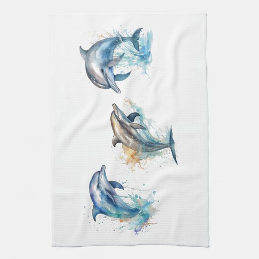 Waterverf Dolfijn Trio Theedoek (Verticaal)