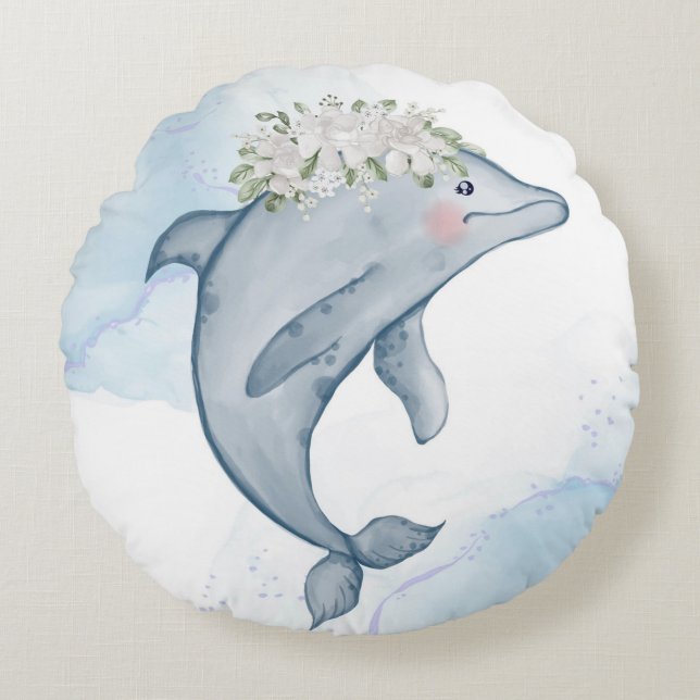 Waterverf Dolphin Rond Kussen (Voorkant)