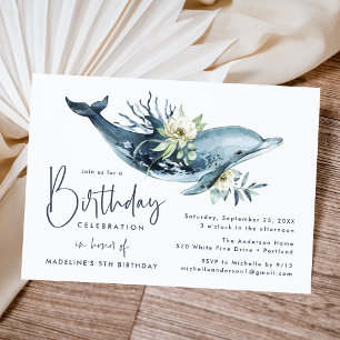 Waterverf Dolphin & White Floral Birthday Party Kaart