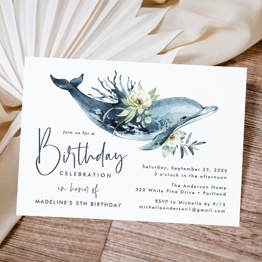 Waterverf Dolphin & White Floral Birthday Party Kaart