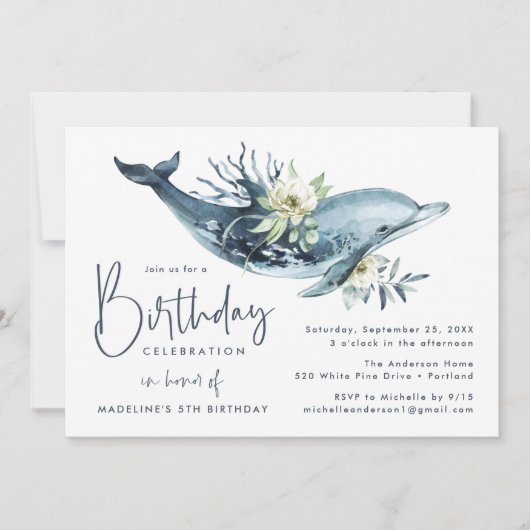 Waterverf Dolphin & White Floral Birthday Party Kaart (Voorkant)