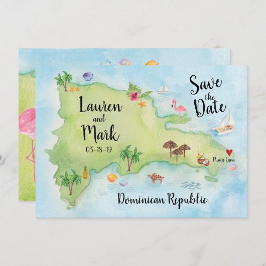 Waterverf Domincan Republic Map Save the Date (Voorkant / Achterkant)