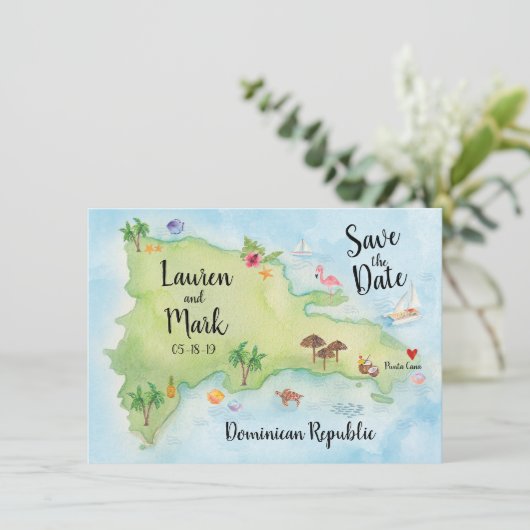 Waterverf Domincan Republic Map Save the Date (Staand voorkant)
