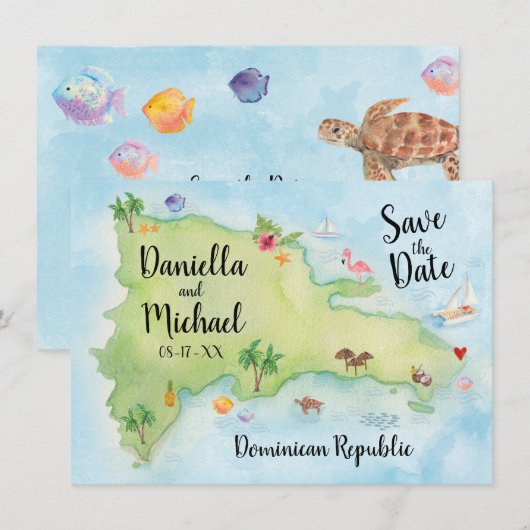 Waterverf Domincan Republic Map Save the Date (Voorkant / Achterkant)