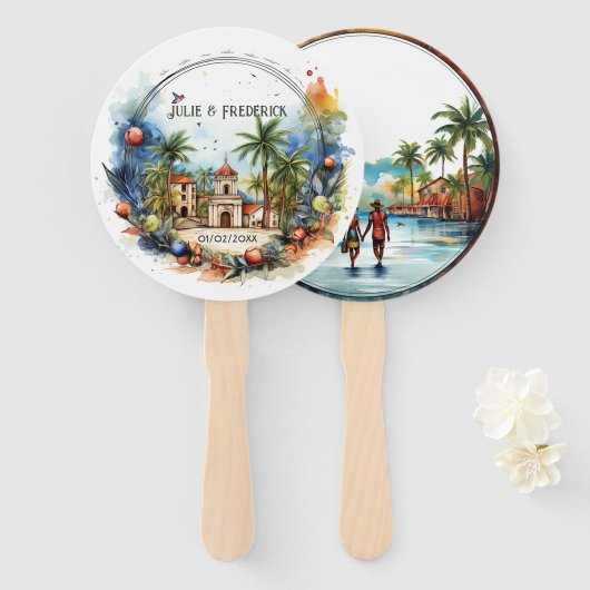 Waterverf Dominicaanse Republiek Bestemming Bruilo Handwaaier (Voorkant en achterkant)