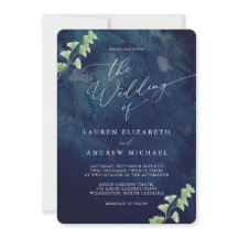 Waterverf donkerblauw groen bruiloft uitnodiging