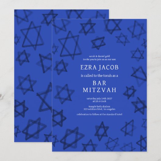 Waterverf Donkerblauw Star van David Bar Bat Mitzv Kaart (Voorkant / Achterkant)