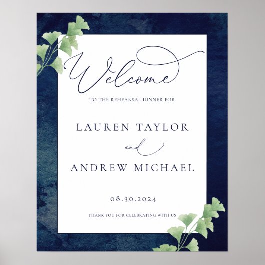 Waterverf Donkerblauwe Groenery Rehearsal Dinner Poster (Voorkant)