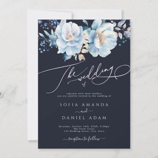 Waterverf Donkerblauwe Winter Bloemen Huwelijk Kaart (Voorkant)