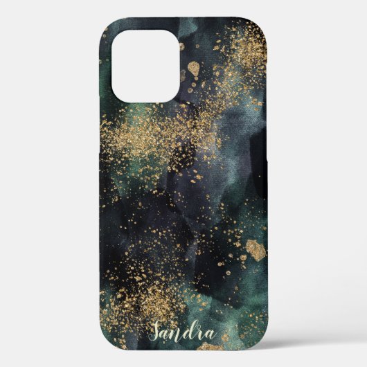 Waterverf Donkere groene ombre & gouden persoonlij Case-Mate iPhone Case (Achterkant)