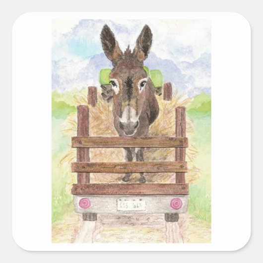 Waterverf Donkey Burro Cute Boerderij Animal Art Vierkante Sticker (Voorkant)